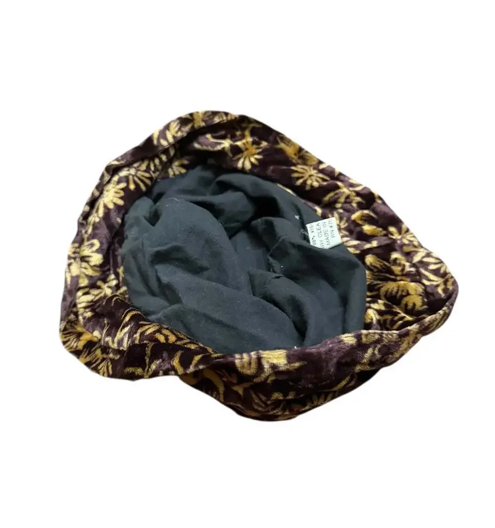 Y2K Brown Gold Floral Velvet Bucket Hat Soft Viscose Made in India - Picture 4 of 6